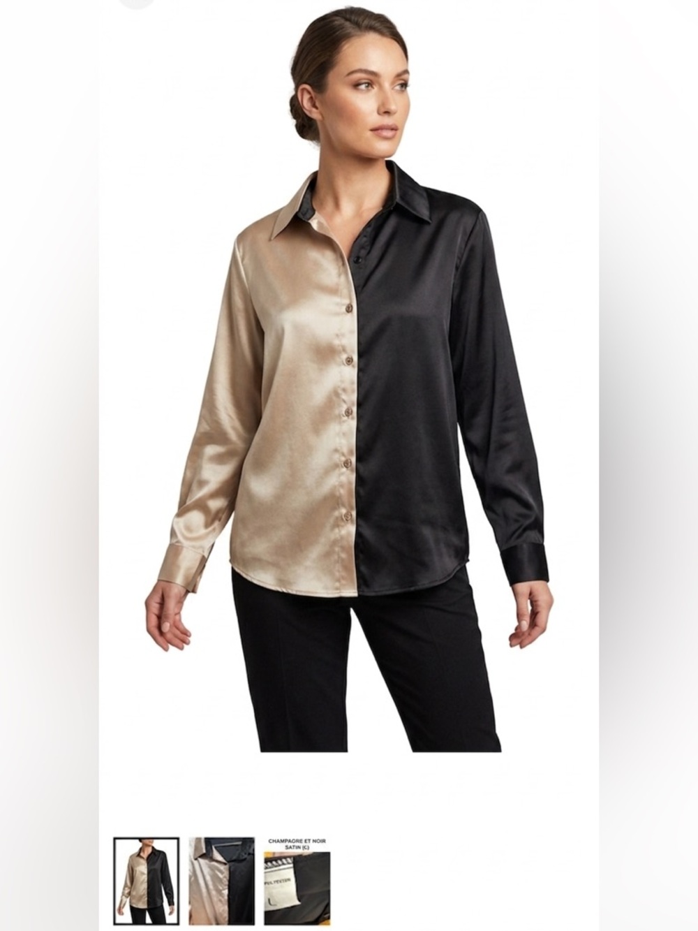 Trendy Two-Tone Satin Button-Down Shirt - Black & Champagne Gold - Size L